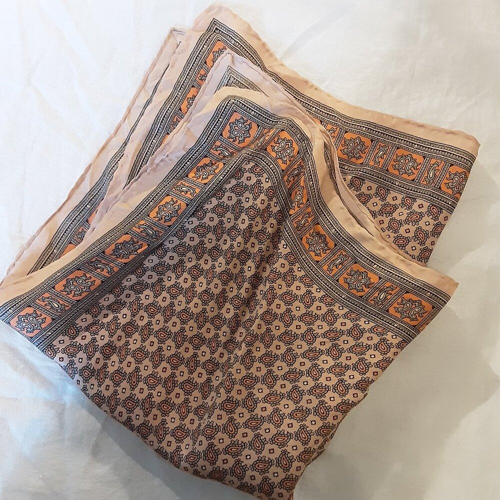 🌞 Vintage Square Paisley Scarf in Neutral Tones, Hand-rolled seams, 19" Square